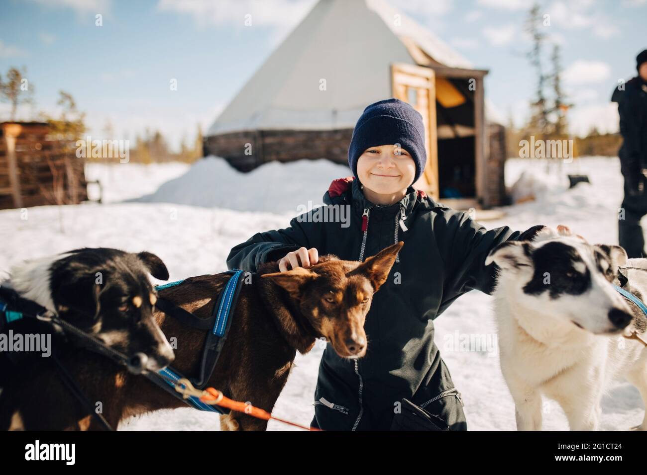 Retrato de niño usando sombrero de punto acariciando perros husky durante el invierno Foto de stock