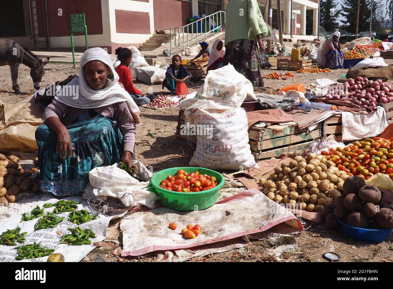 Mercado de fruta fresca en la pequeña ciudad de Etiopía Foto de stock