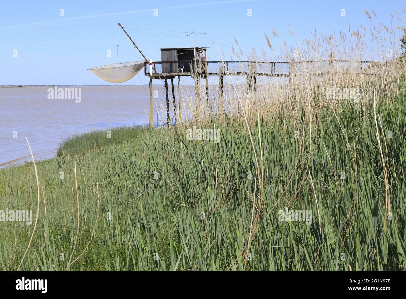 Francia, Gironda, estuario de Gironda, Saint-Androny, puerto de Belle-Etoile, carrelet (cabaña sobre pilotes con su red de pesca específica) Foto de stock