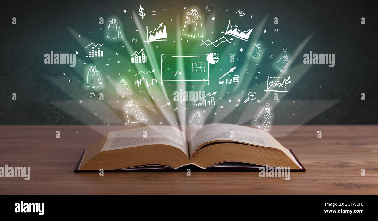 Abra el libro con los iconos de beneficios arriba Foto de stock