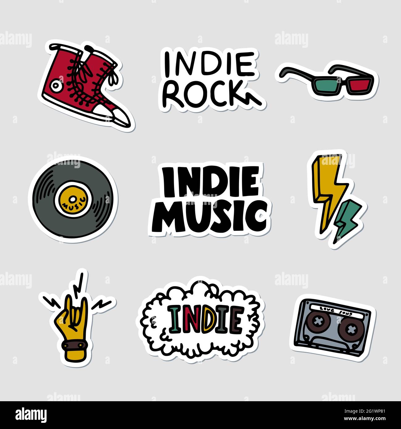 Juego de pegatinas de música rock Indie. Ilustración de objetos e  inscripciones relacionados con la música. Plantilla para estampado de  camiseta, alfiler, insignia, parche. Vector Imagen Vector de stock - Alamy