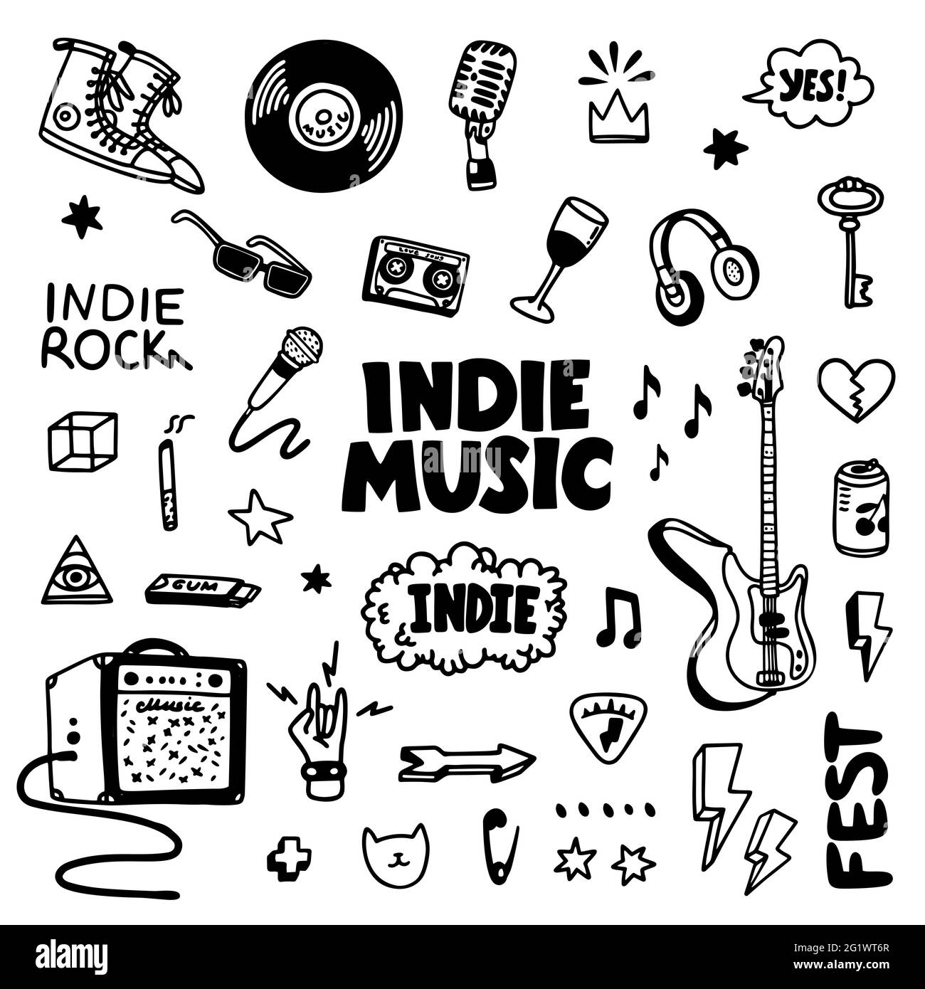 Indie música rock conjunto de tatuajes. Ilustración en blanco y negro de  objetos relacionados con la música, como guitarra, amplificador de sonido,  inscripciones de rock. Plantilla para Ta Imagen Vector de stock -