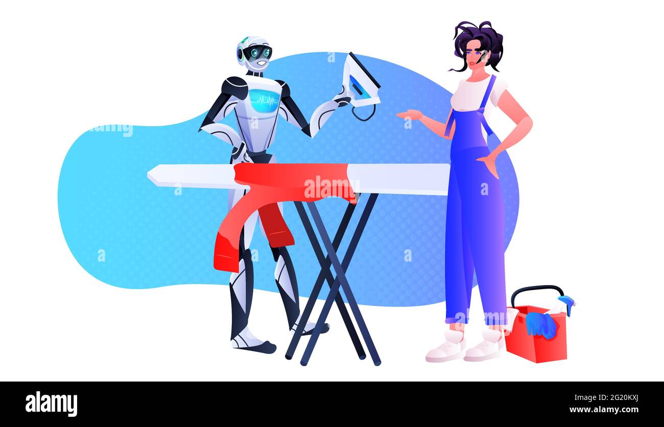 ama de casa con robot planchado ropa carácter robótico con mujer haciendo  el trabajo doméstico tecnología de inteligencia artificial Imagen Vector de  stock - Alamy