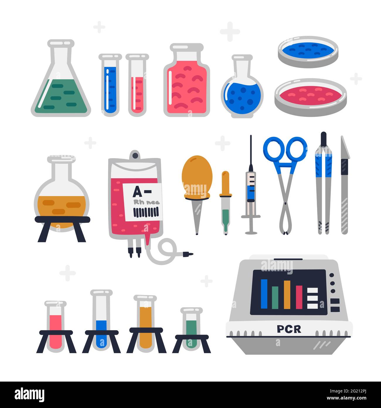 Equipo de laboratorio, equipo de vidrio. Herramientas de experimentos de  laboratorio de ciencias químicas o biológicas para investigación y pruebas.  Ilustración vectorial de estilo plano en w Imagen Vector de stock -