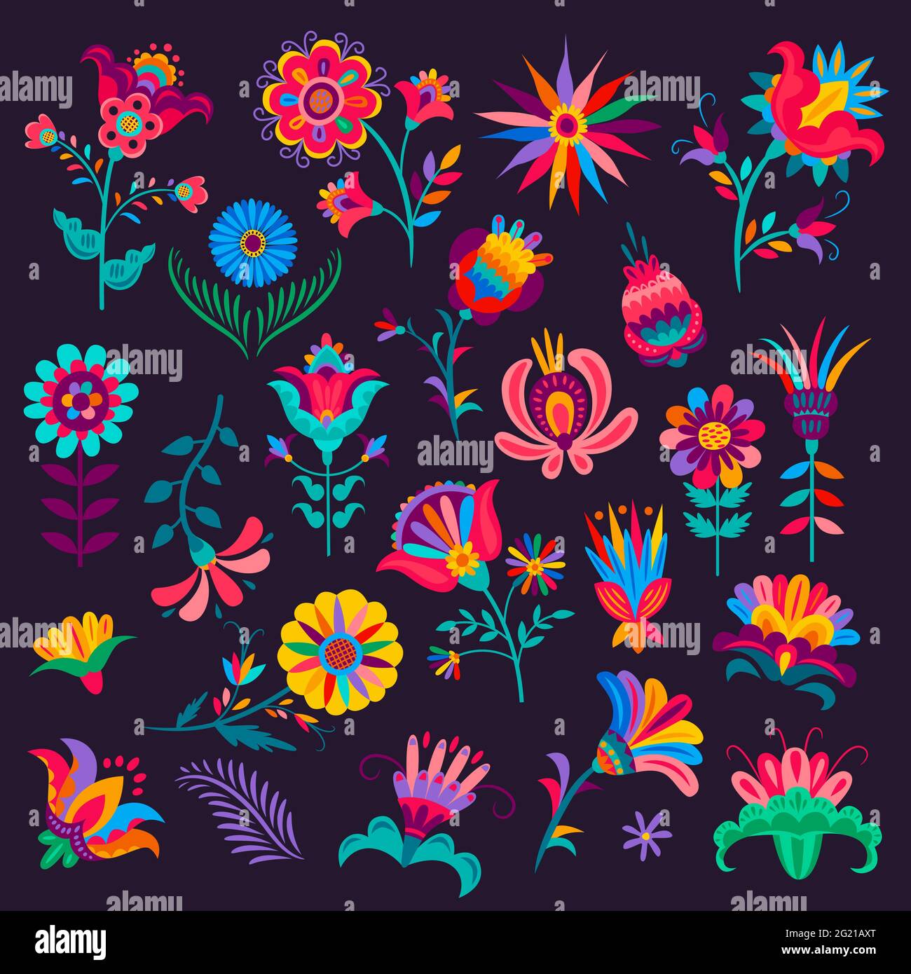 Dibujos animados flores mexicanas, brotes y flores, plantas vectoriales con  coloridos pétalos y tallos, elementos para el Día de Muertos de México Dia  de los Muertos o Cinco Imagen Vector de stock -