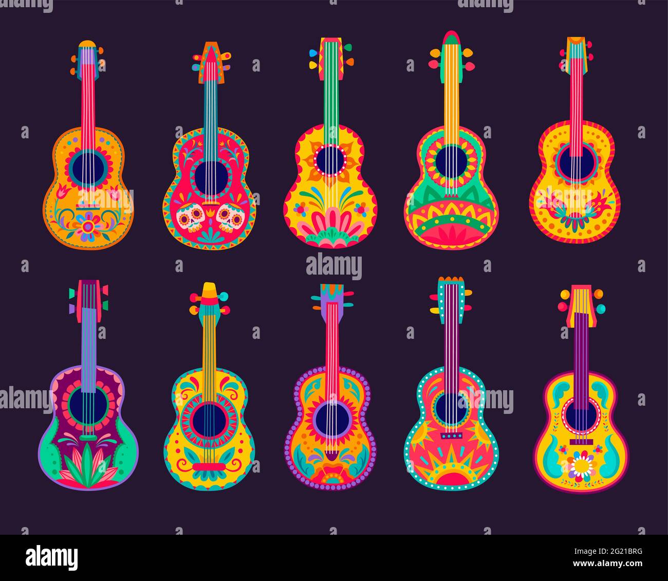 Guitarras mexicanas de dibujos animados, instrumentos de música latina  vectorial de músicos de mariachi con brillantes patrones florales,  calaveras y adornos étnicos de México Imagen Vector de stock - Alamy