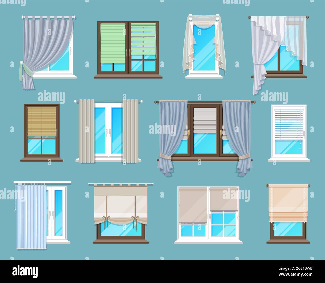 Excesivo lema Restringido Persianas, cortinas y cortinas interiores de la ventana de la casa y la oficina. Conjunto de revestimientos para ventanas de apartamentos o casas. Vector de dibujos animados Persa, Veneciana y Horiz romana Excesivo lema Restringido Persianas, cortinas y cortinas interiores de la ventana de la casa y la oficina. Conjunto de revestimientos para ventanas de apartamentos o casas. Vector de dibujos animados Persa, Veneciana y Horiz romana