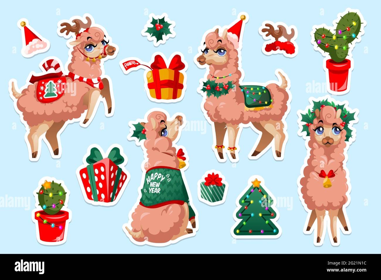 Juego de pegatinas con Llama de Año Nuevo, vicuna perú animal. Personaje de dibujos animados de alpaca de Navidad. La mascota de Lama mexicano con cara linda lleva ropa festiva de Navidad, guirnalda y caja de regalo con parches aislados Ilustración del Vector
