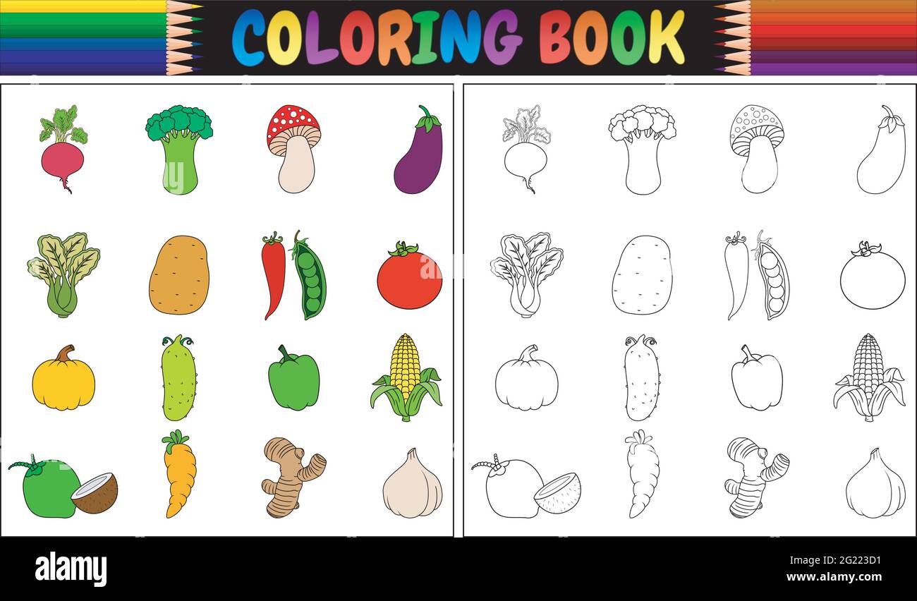 Libro para colorear con dibujos animados de verduras frescas Imagen Vector  de stock - Alamy
