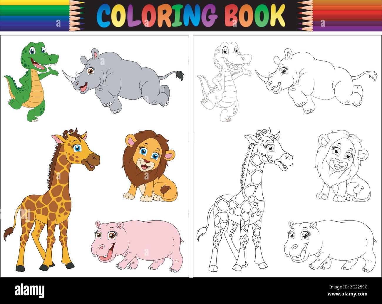 Libro para colorear con dibujos animados de animales salvajes Imagen Vector  de stock - Alamy