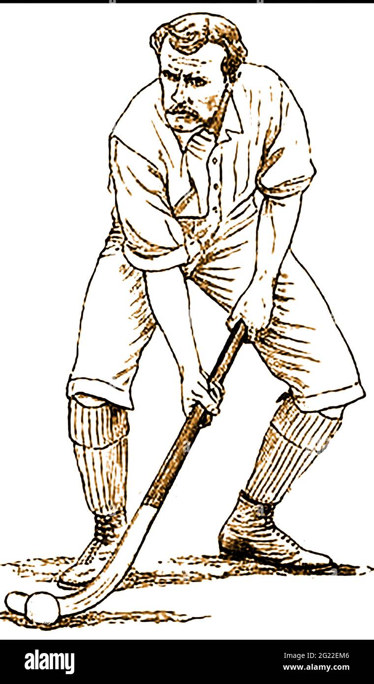 Una ilustración victoriana de 1891 que muestra a un jugador de hockey masculino utilizando el movimiento defensivo conocido como UN CHEQUE DE POKE. (bloquear o utilizar el palo para sacar la pelota de un oponente). Se cree que el nombre proviene de la palabra francesa 'hoquet' que significa 'pastores crook'. Foto de stock