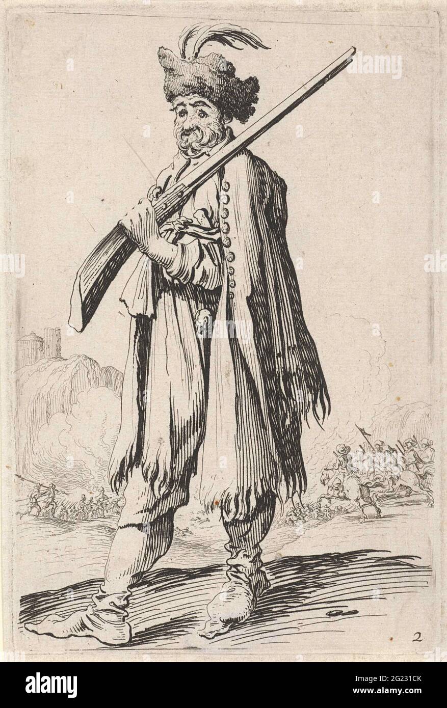 Hombre con arma y sombrero emplumado; figuras de pie. Un hombre con ropa  oriental, con un sombrero emplumado en la cabeza y un arma en la mano,  representa un campo de batalla.