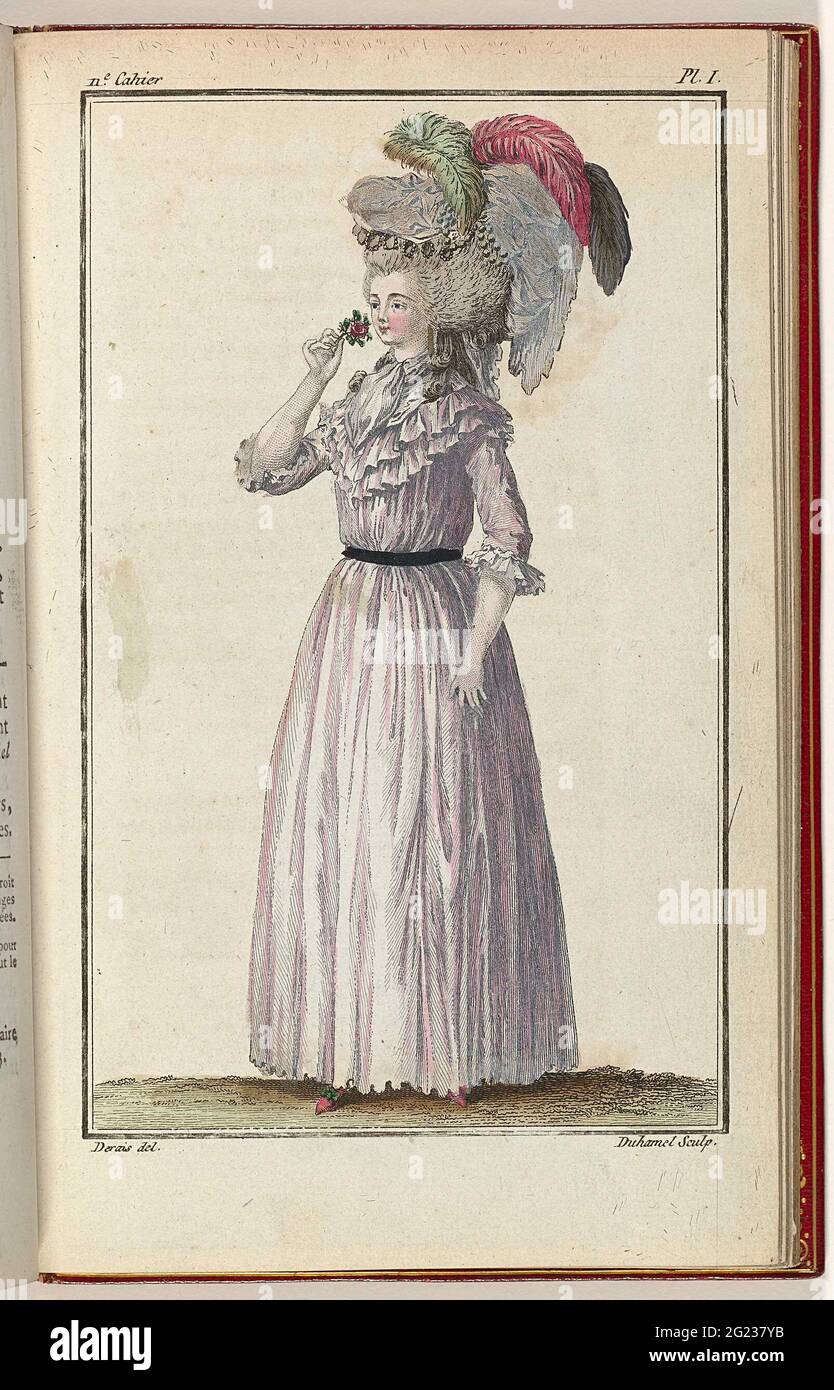 Por separado cápsula Noreste Cabinet des Modes ou Les Modes Nouvelles, 15 Avril 1786, pl. I. Robe y  Chemise. Según el texto que lo acompaña, la joven está vestida con un  'manto y quimisa' de muselina