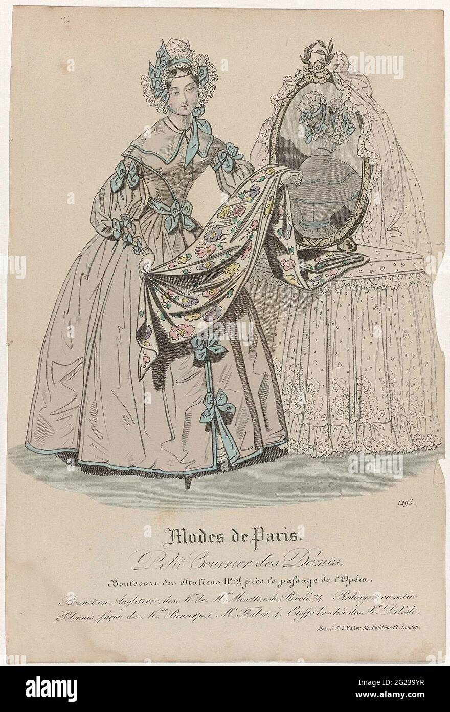 Petit Courier des Ladies, 1836, Nº 1293: Bonete y Angleterr (...). 'Bonete  y Angleterre' (sombrero de Kant?) De las tiendas de Minette. Redingote de  'Satin Polonais', ejecutado en el camino de Mme