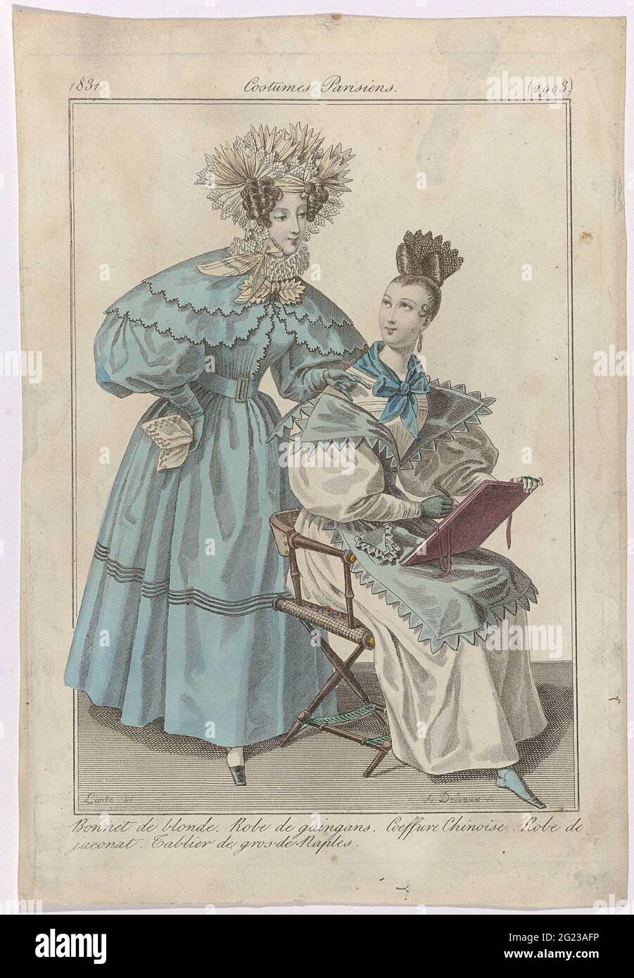 Journal des Ladies et des Modes, Costumes Parisiens, 15 Juillet 1831,  (2903): Bonnet de Blond (...). Mujer con una gorra de rubia en la cabeza  (borde de polla). Ella está usando una