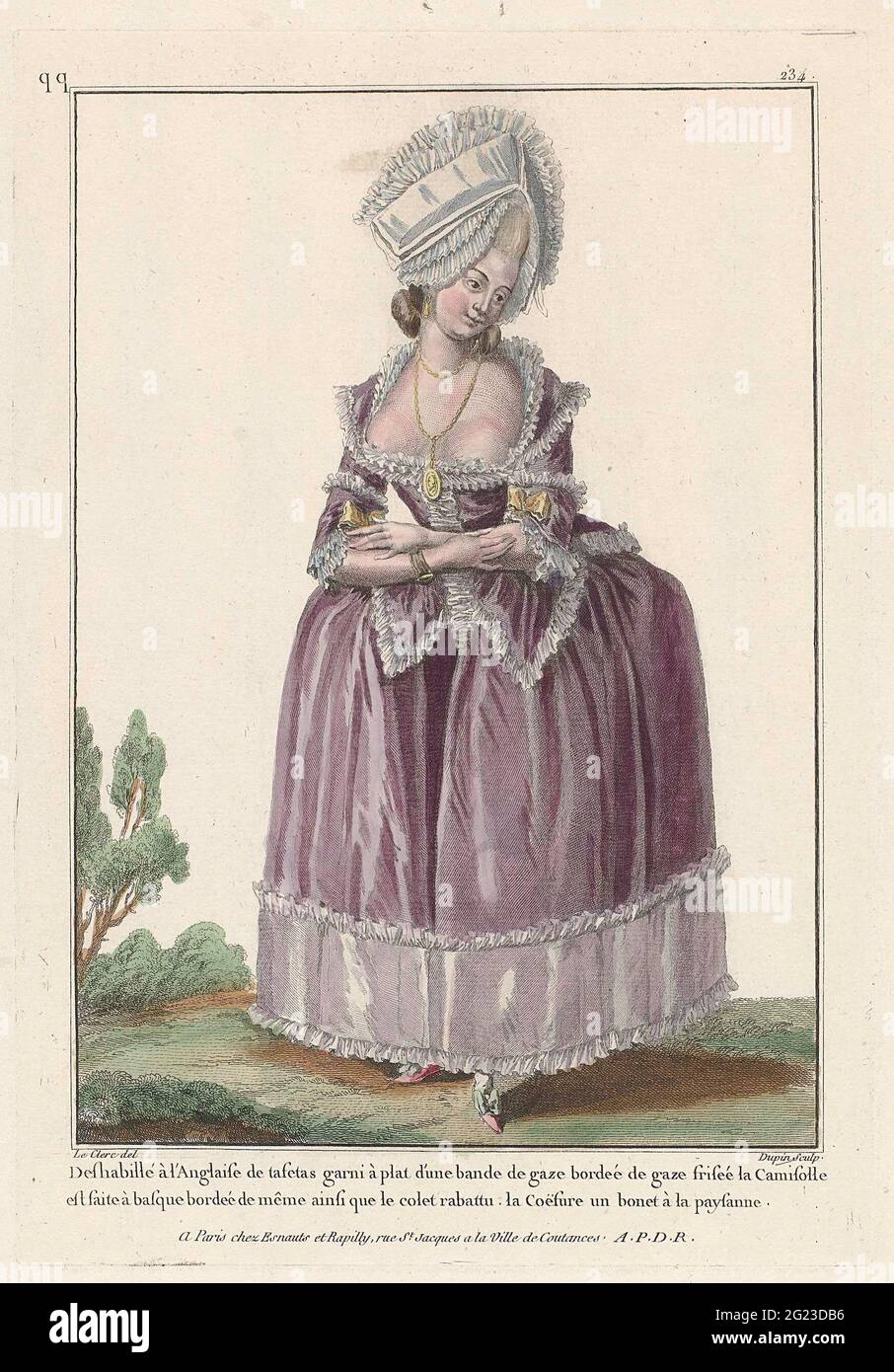 Gallery des Modes et Costumes Français, 1782, QQ 234: Deshabillé à  l'Anglaise La mujer Tafetas ... en un 'Deshabillé à l'Anglaise'. El  conjunto de la mañana es de lado, adornado con un