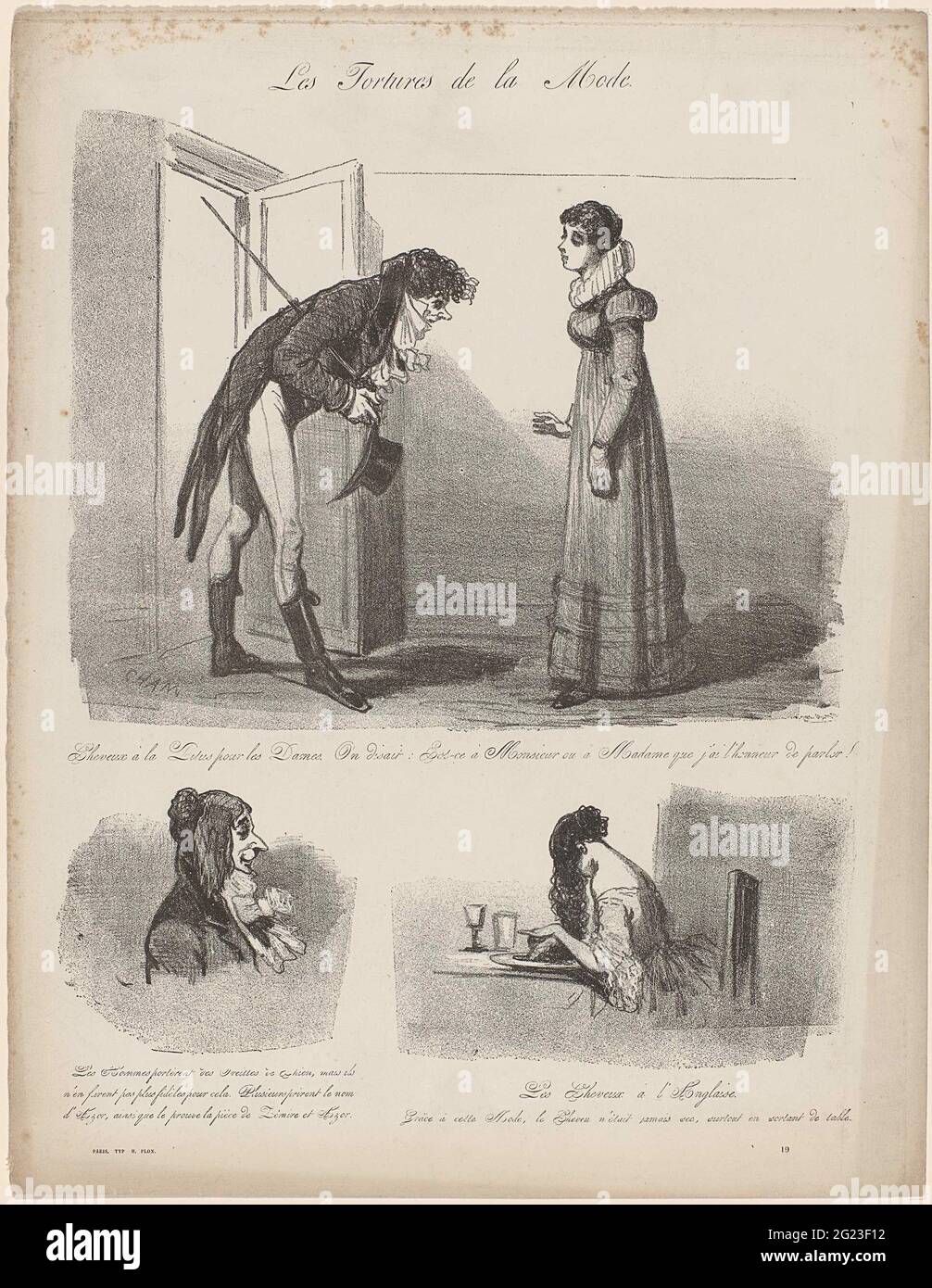 Les tortures de la Mode, ca. 1848, Nº 19: Cheveux à la Titus (...).  Caricatura de varios peinados. Arriba: El hombre en una puerta se dobla  para una mujer con un peinado '
