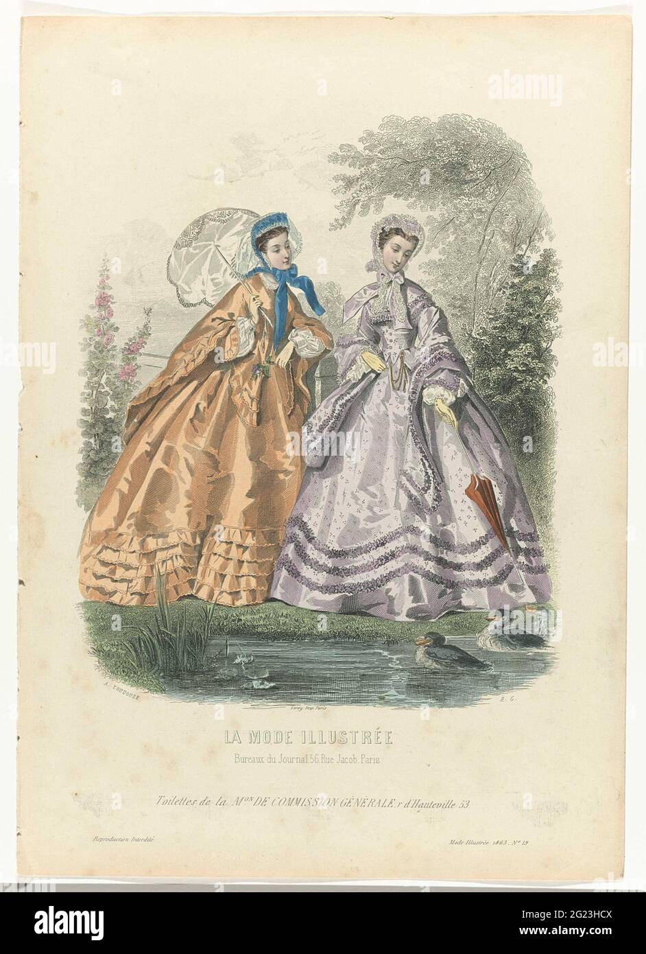 La mode illustrée, 1863, no 19: Toilettes de la Maison (...). Dos mujeres  en un estanque con