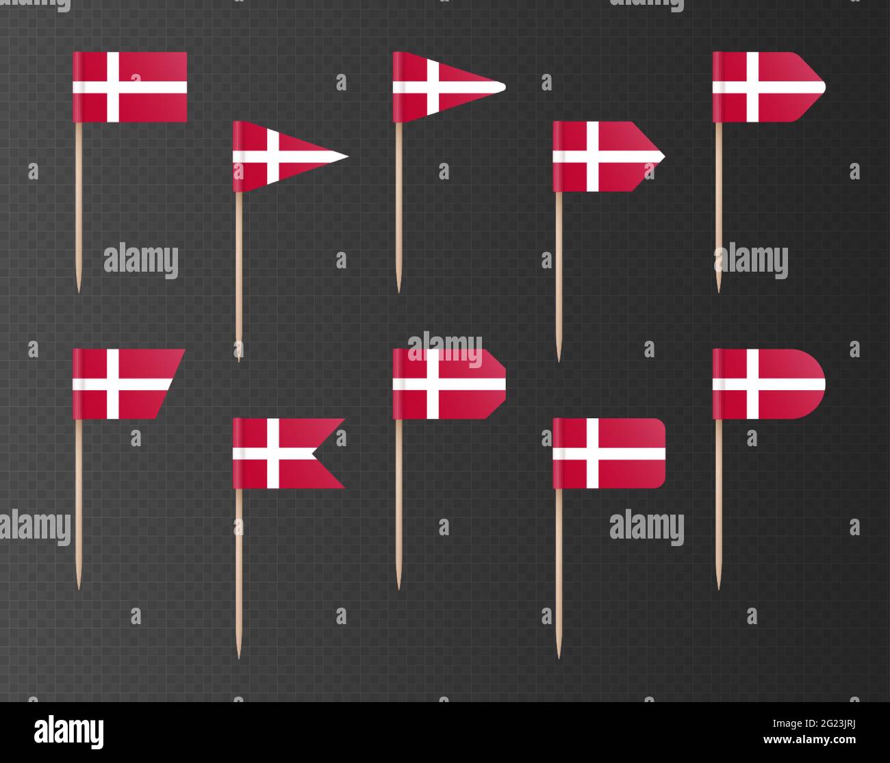 Dinamarca banderas de palillo aisladas sobre un fondo transparente oscuro. Ilustración del Vector