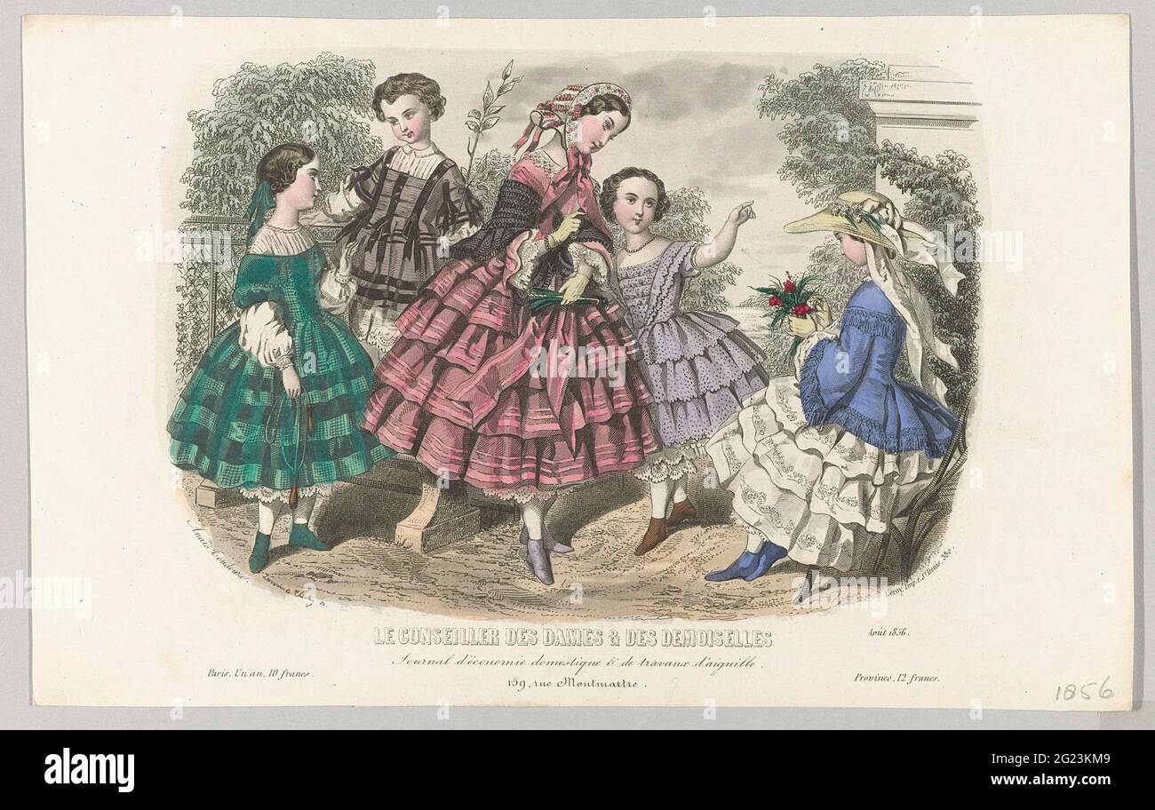 Le Conseiller des Laden et des Demoiselles, AOUT 1856: Journal d'économi  (...). Ropa para niños. Chicas y una mujer joven en vestidos con faldas  anchas. Salto de cuerda. Impresión de la revista