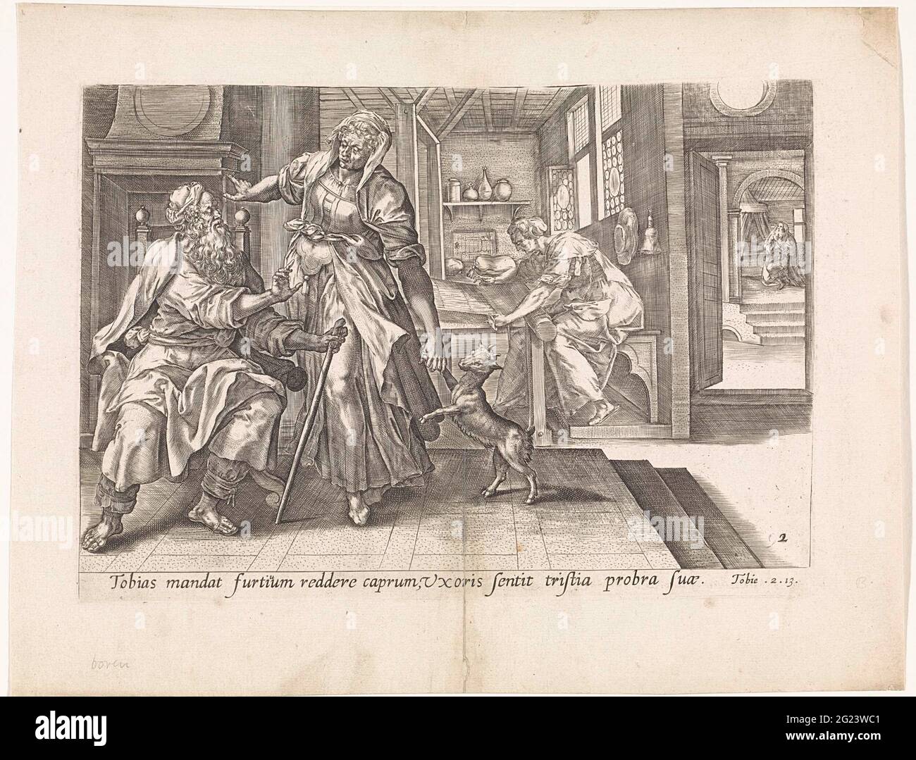 Tobit y Anna con la cabra; Historia de Tobias; Theatrum Biblicum (...). En  el fondo, Anna merece su dinero con arañas y tejer para sus clientes.  Además de su salario, ella consigue