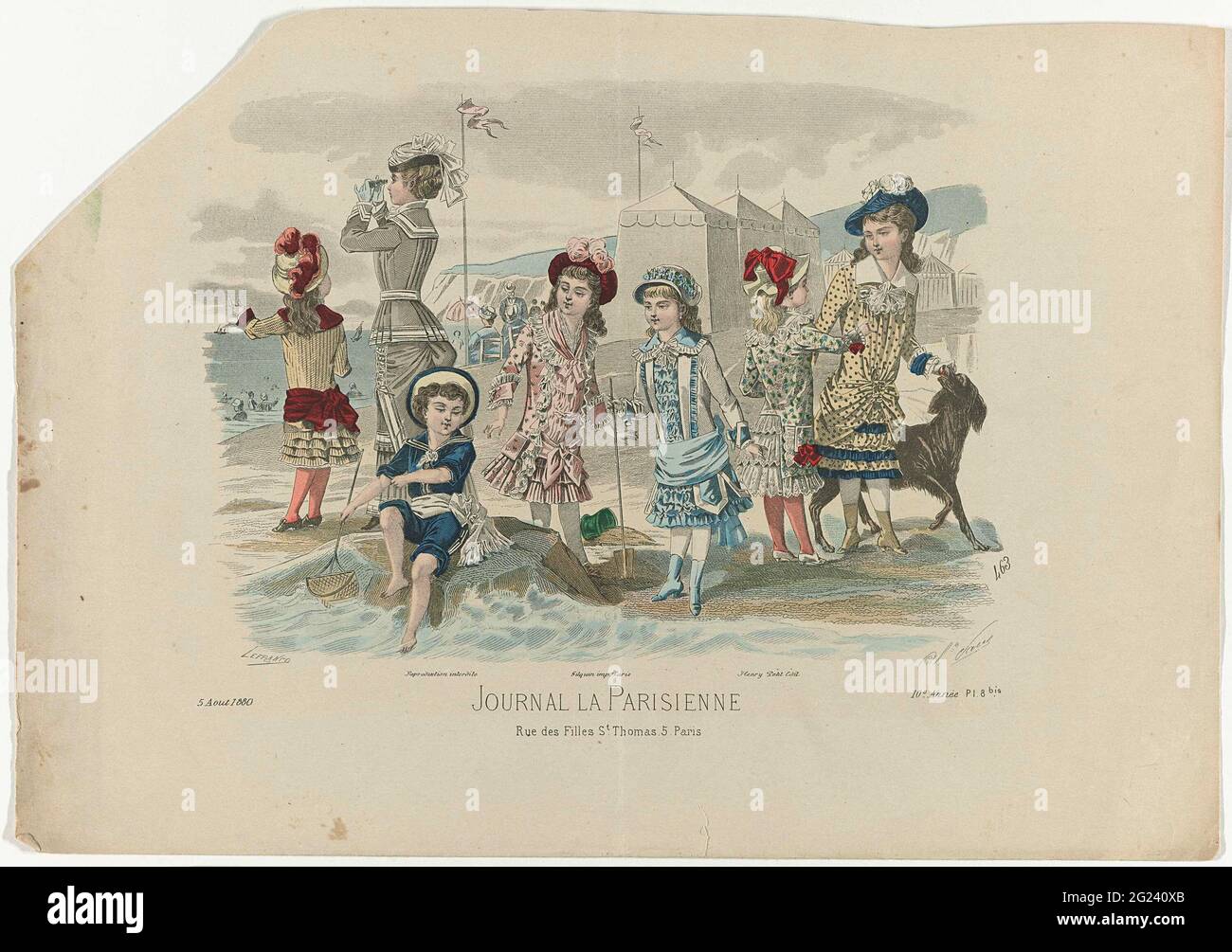 Journal La Parisienne, 5 AOUT 1880, no 463, 10th Année, Pl. 8a. Una  señorita está con seis niños y un perro en la playa. El niño está vestido  con un traje de