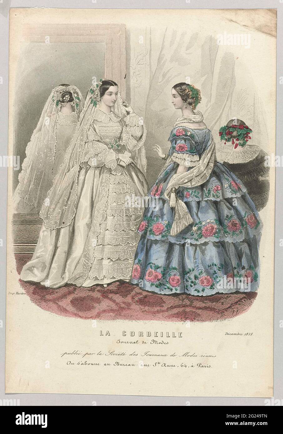 La Corbeille, Décembre 1855: Journal De Modes (...). Tres mujeres, una de  las cuales vio una en la espalda, en un interior. La novia está de pie con  la espalda a un