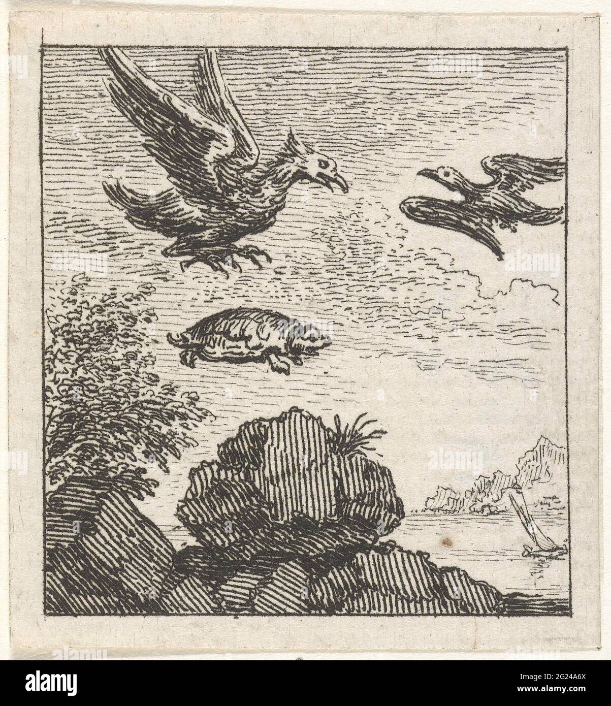 Fábula del águila, el cuervo y la tortuga; Ilustraciones para historias de  fabricantes de Phaedrus. Un águila se va, todos volando junto a un cuervo,  una tortuga de sus garras en una