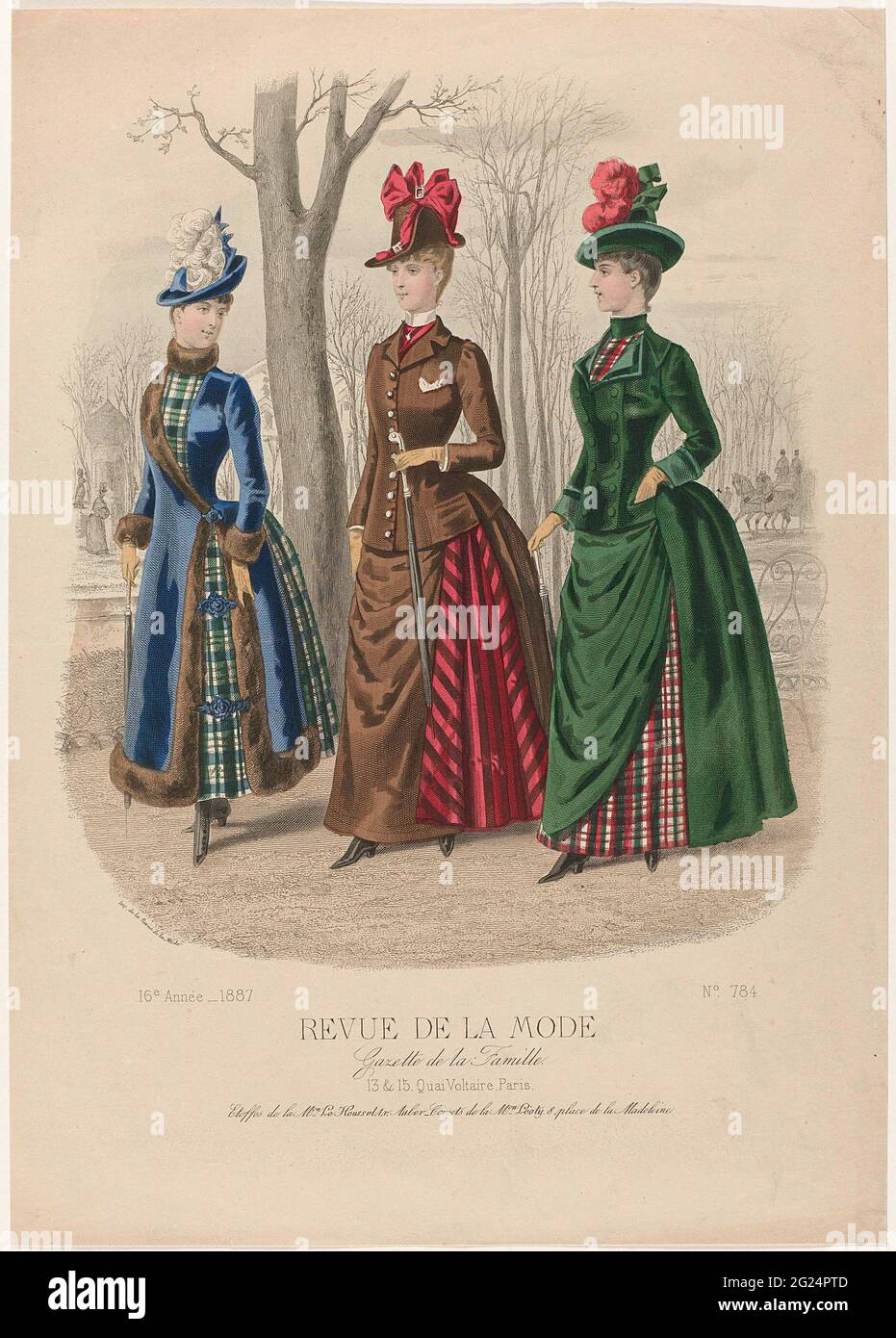 Revista de la moda, Gaceta de la Famille, Dimanche 9 Janvier 1887, 16th  Année, No. 784: Etoffes de la M.ON Le Houssel (...). Tres mujeres caminando  en un parque, en el fondo