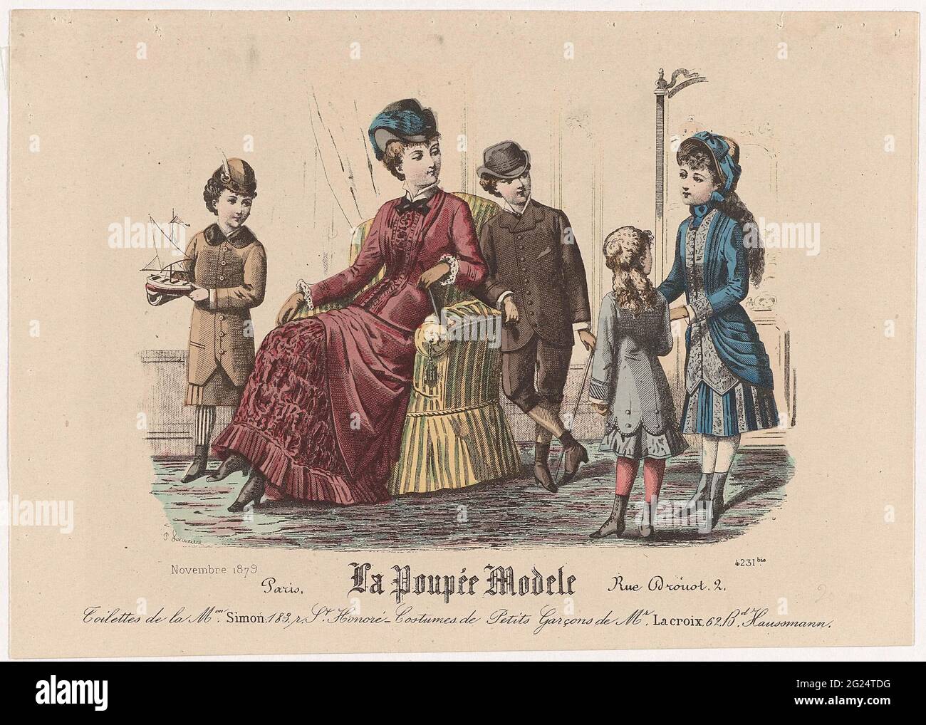Modelo La Poupée, Noviembre 1879, Nº 4231 BIS: Toilettes de la mon ().  Una mujer y cuatro hijos en el interior. Según el título, las formas de  Simón son. La ropa de