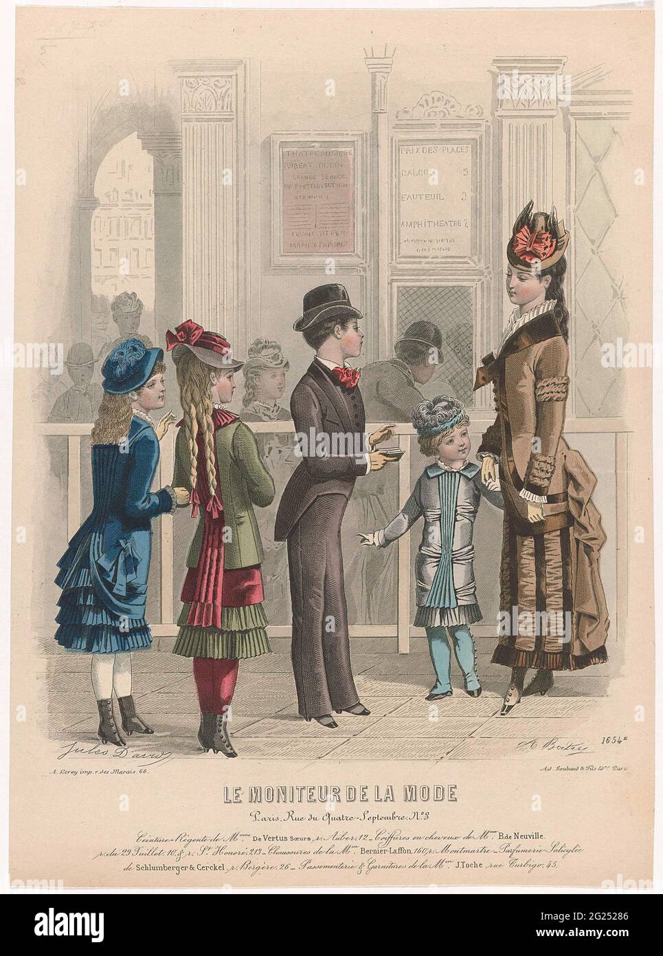 Le Moniteur de la Mode, 1879, no 1654E: Ceinture Régent (...). Una joven y  cuatro niños están en un mostrador. Bajo el show algunas reglas de  publicidad de texto para diferentes productos.