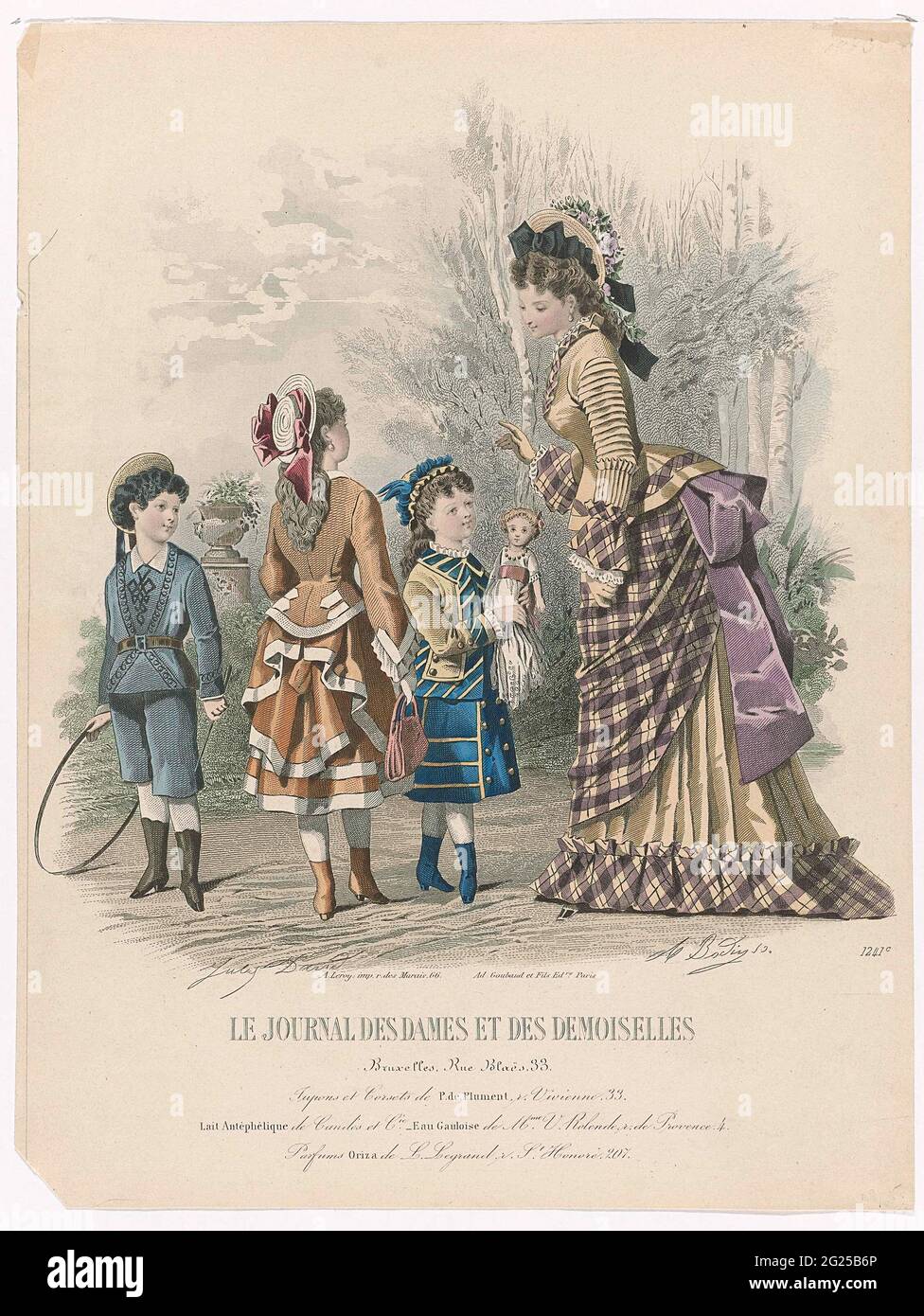 Le Journal des Laden et des Demoiselles, 1875, no 1241C: Jupons et corsés  (...). Mujer con tres niños afuera, ella está vestida en una broma de tela  de cuadros y amarilla con