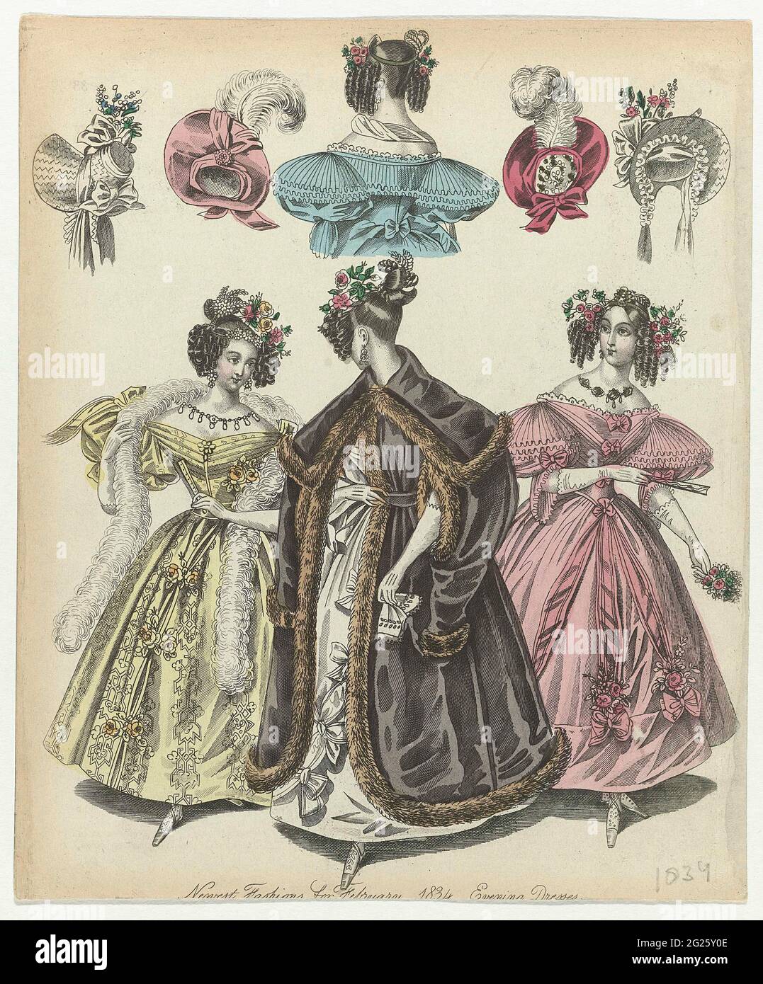 El mundo de la moda, moda más reciente para el 1834 de febrero: Vestidos de  noche. Últimos modos para febrero de 1834. Tres mujeres en familias  vespertinas; cuatro sombreros decorados con plumas,