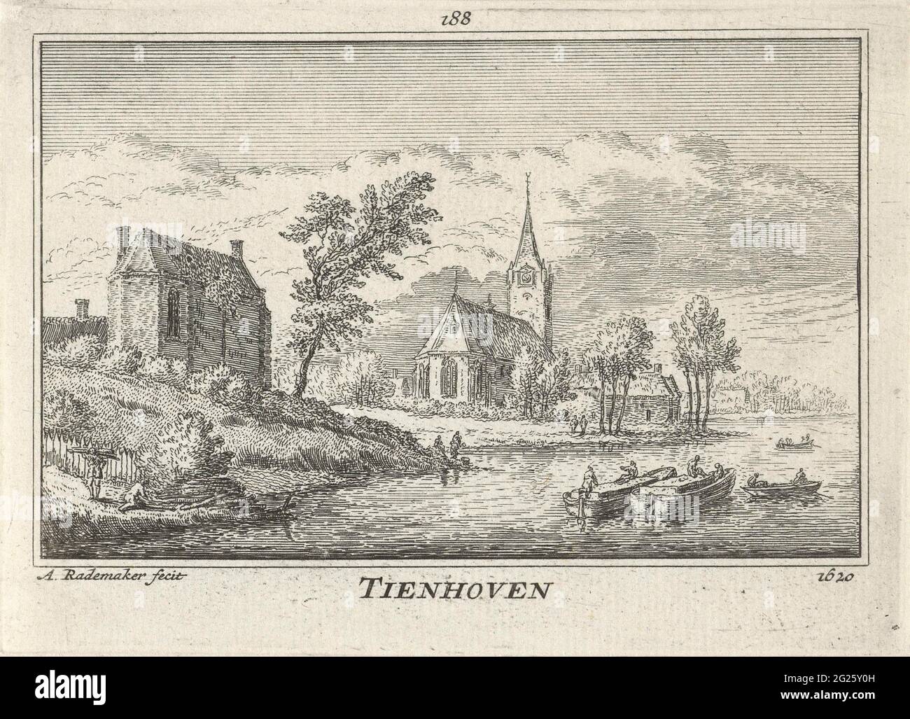 Vista de Tienhoven, 1620; Tienhoven 1620. Vista del pueblo de Tienhoven con la iglesia en el medio, en la situación alrededor de 1620. En la fuga del río, diferentes barcos navegan. Foto de stock
