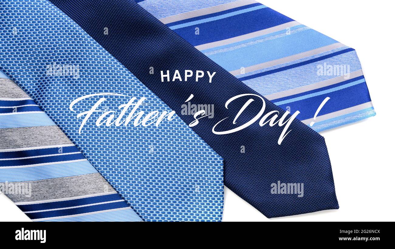 Un grupo de corbatas azules para hombres con saludo del día del padre Foto de stock
