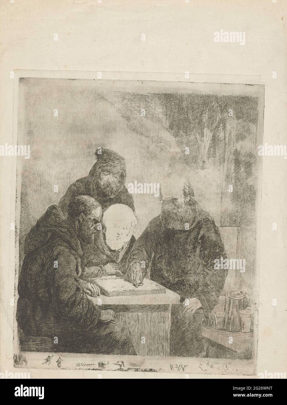 Los monjes humming. Cuatro monjes en un tablero de ajedrez. Mientras dos  monjes juegan un juego de presa, los otros dos miran. En la mesa junto a  los monjes hay una lata