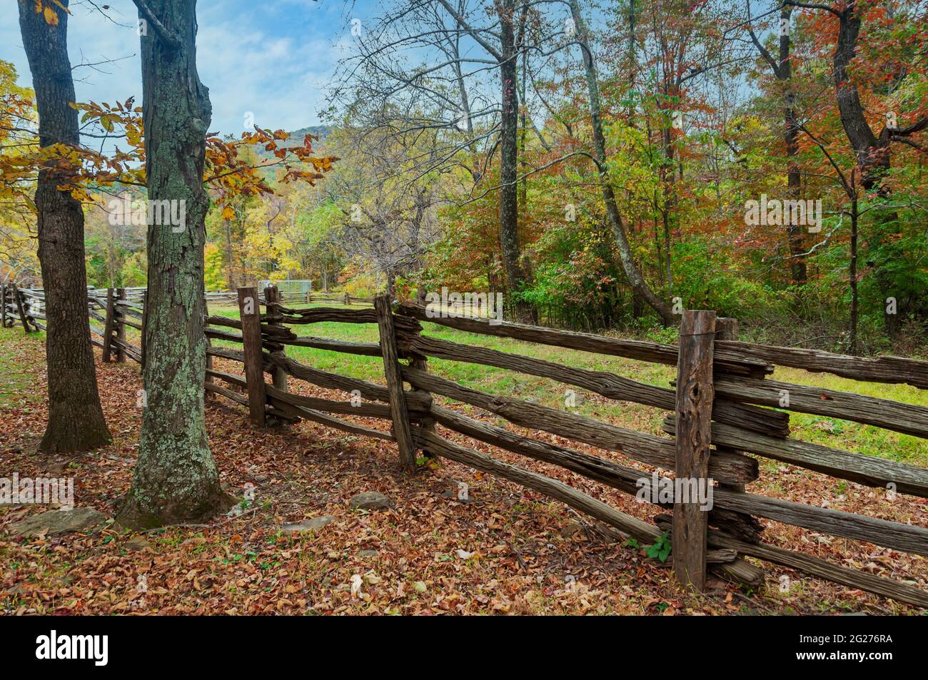 Barandilla dividida cerca de madera en otoño, Virginia, EE.UU. Foto de stock