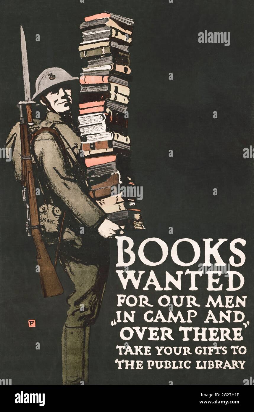 Impresión de la Primera Guerra Mundial animando a la gente a donar libros para soldados durante la Primera Guerra Mundial. Foto de stock