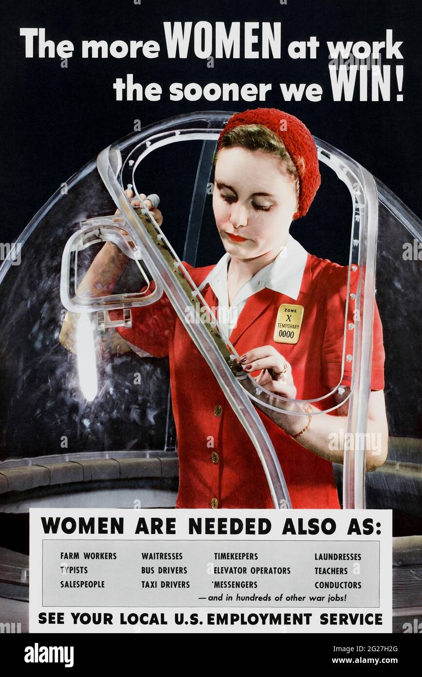 Impresión de propaganda de una mujer trabajando en una fábrica de aviones durante la Segunda Guerra Mundial Foto de stock