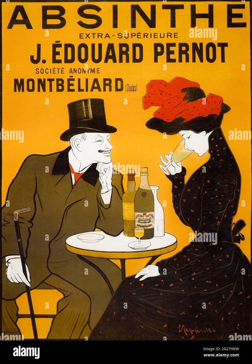 Obra de arte europea de una mujer bebiendo a Absinthe mientras un hombre mira con una sonrisa en su cara. Foto de stock
