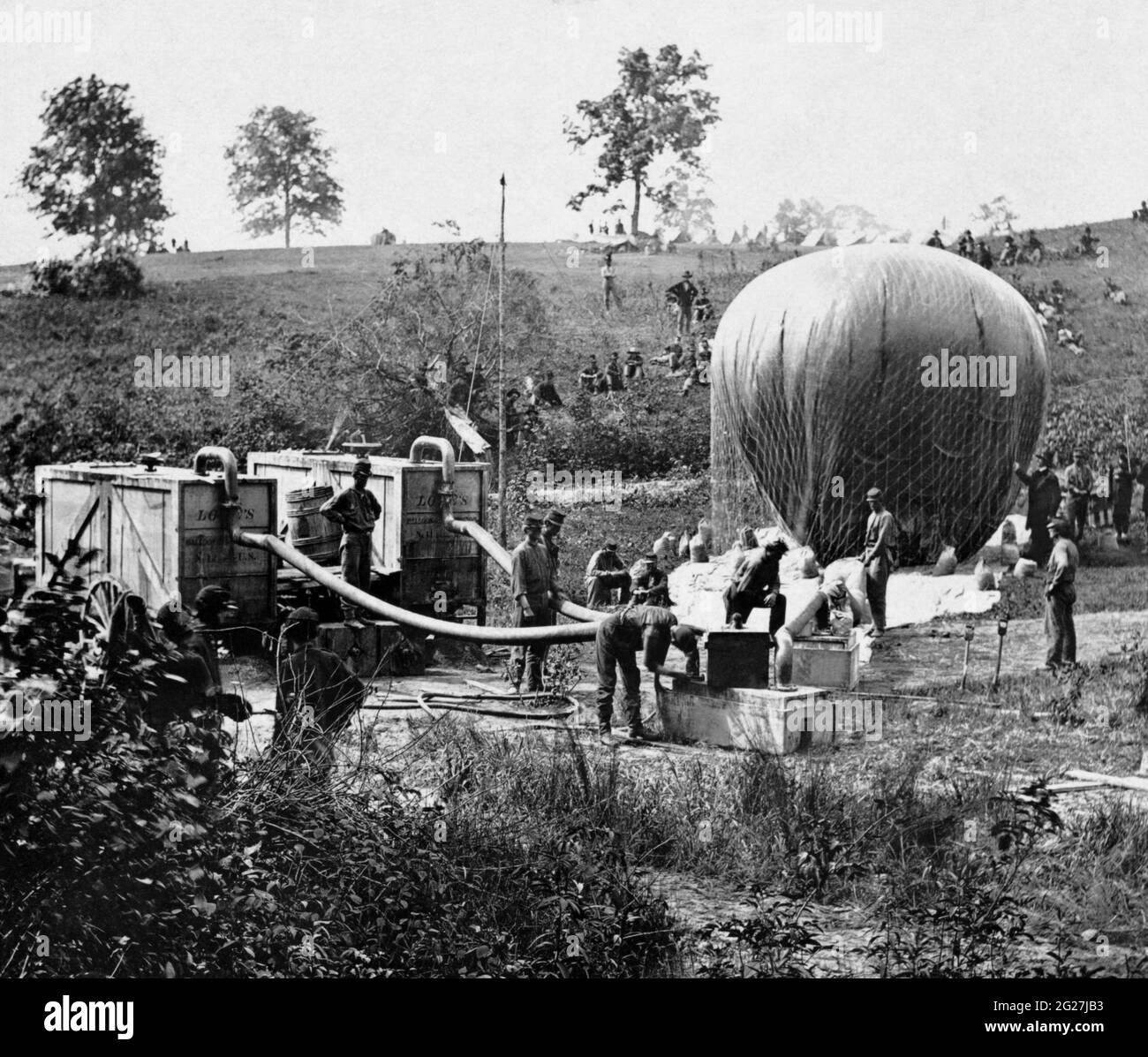 La inflación del globo de aire de gas hidrógeno Intrepid, utilizado durante la Guerra Civil Americana. Foto de stock