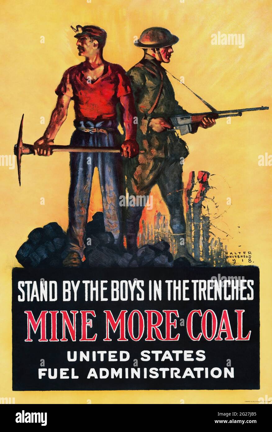 Estampado de historia estadounidense de un minero y un soldado al lado de cada uno durante la Primera Guerra Mundial Foto de stock