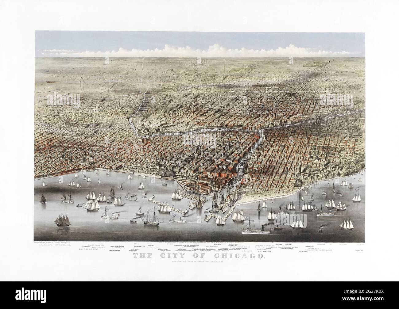 Estampado del siglo 19th que muestra una vista aérea de Chicago, Illinois, junto con el Lago Michigan. Foto de stock