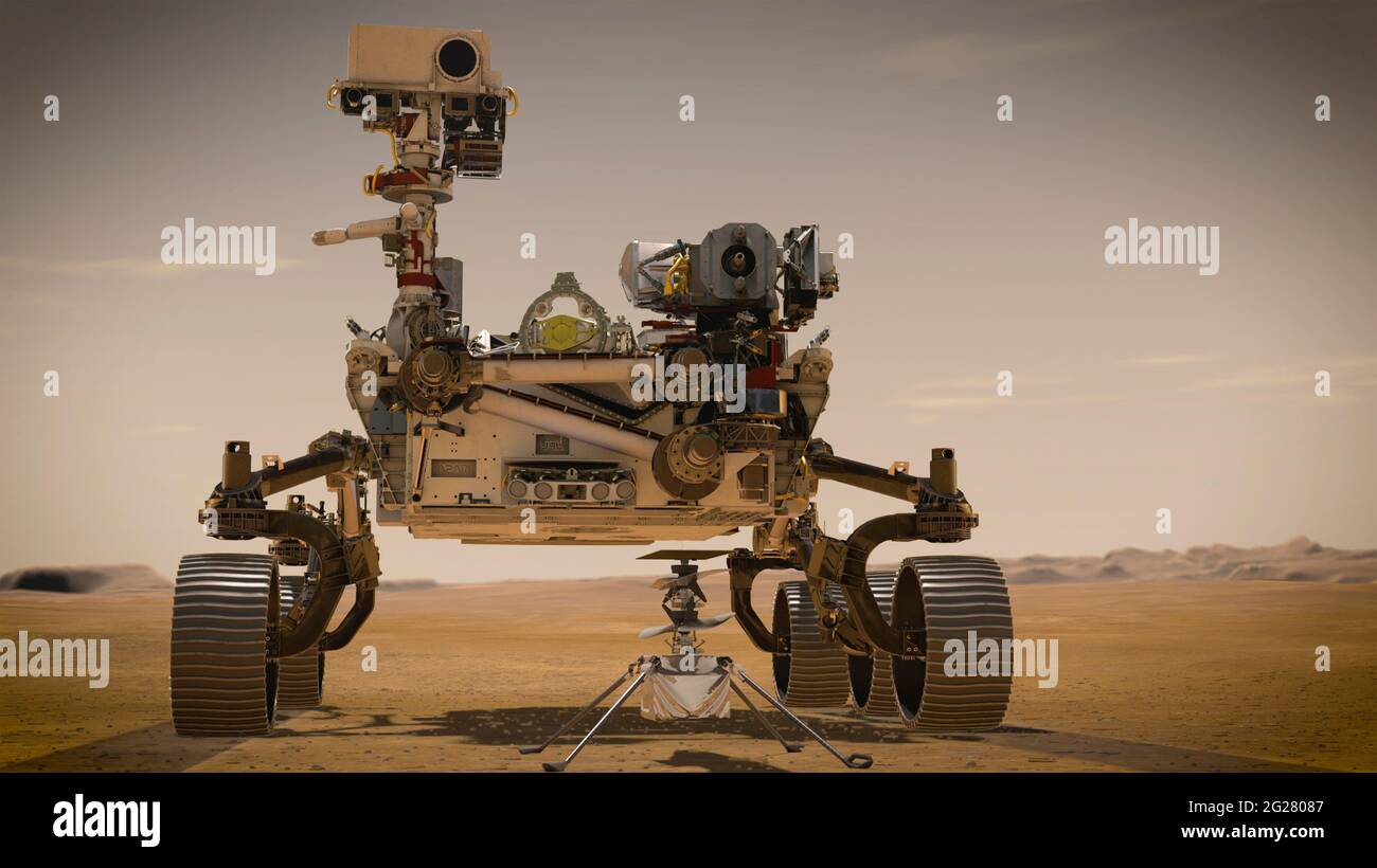Concepto artístico del rover Perseverance y el helicóptero Ingenuity en Marte. Foto de stock