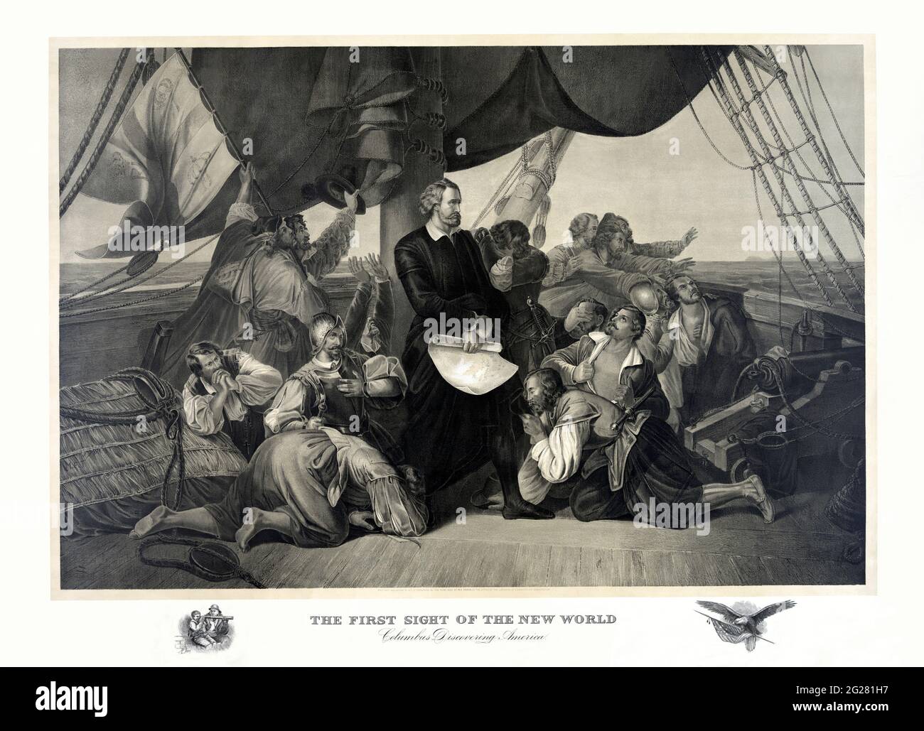 Cristóbal Colón de pie entre su tripulación a bordo de la Santa María con la vista distante de una isla en el horizonte. Foto de stock