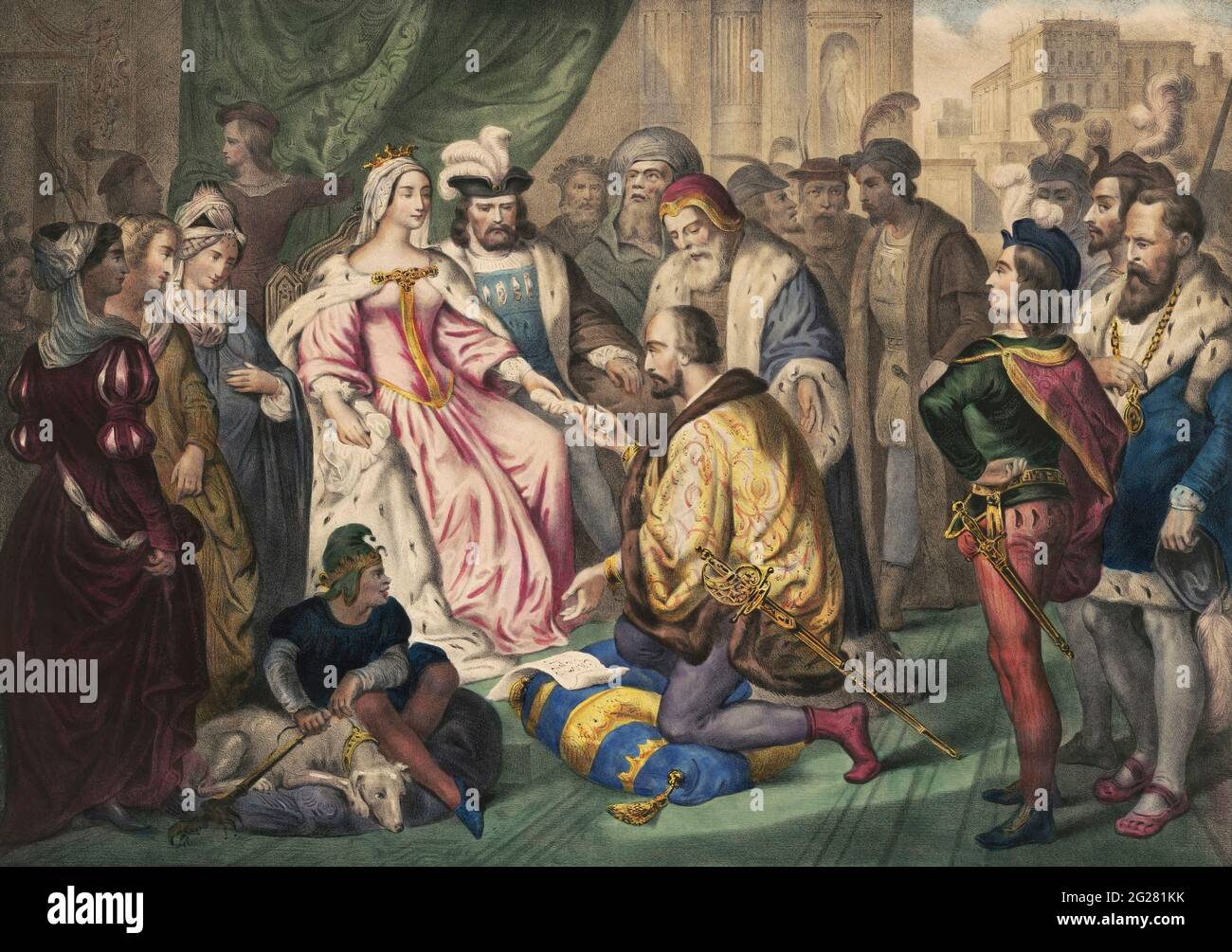 Cristóbal Colón arrodillándose frente a la reina Isabel I. Foto de stock