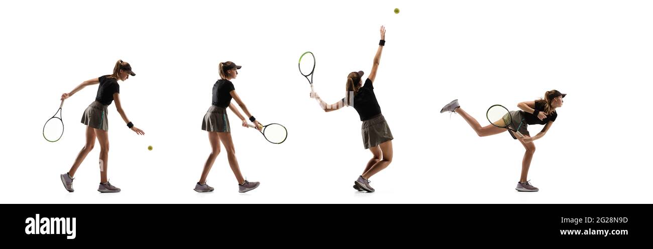 Vuelo alto. Jóvenes jugadores de tenis caucásicos corriendo y saltando sobre fondo blanco de estudio. Foto de stock