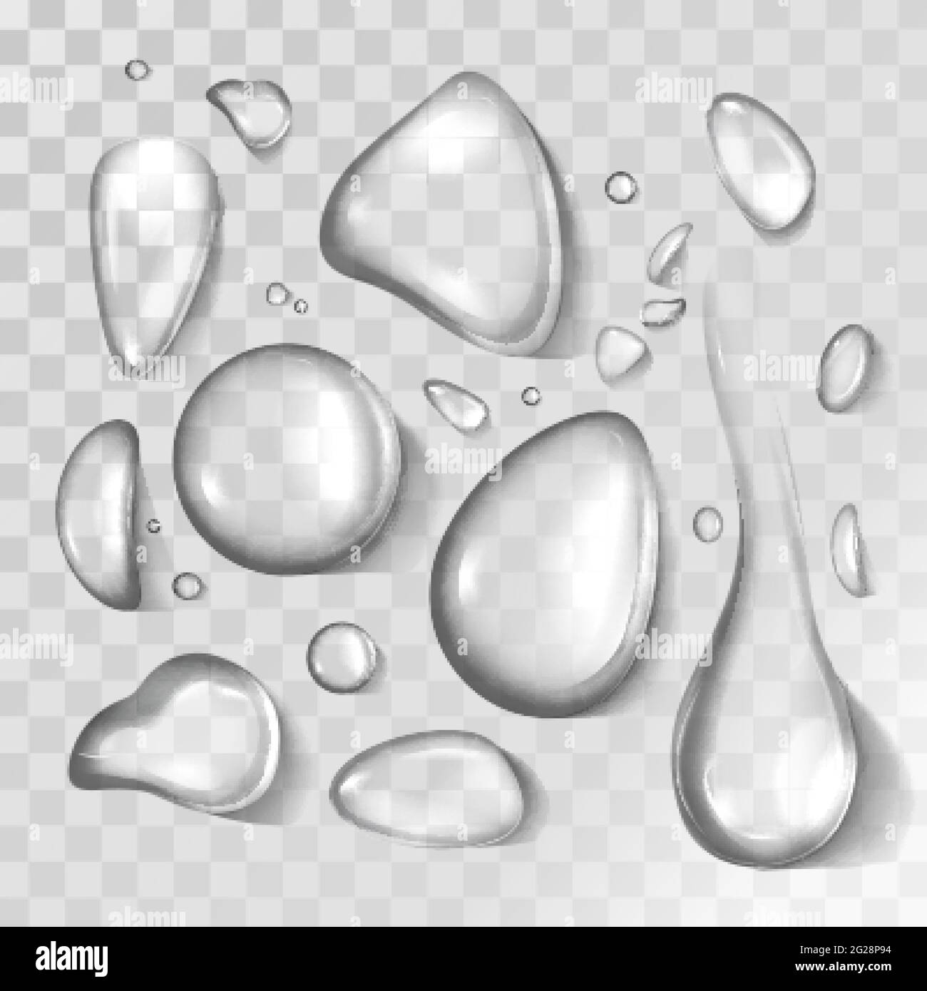 Vector Conjunto realista de gotas de líquido diferentes formas. El agua pura fluye, el rocío de