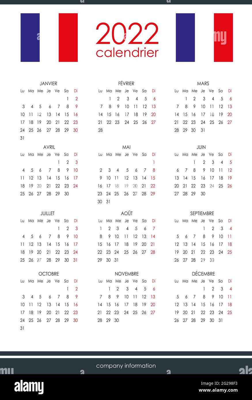 Calendario francés para 2022. 12 meses en una página. Fin de semana a partir  de lunes. Estilo limpio y transparente. Diseño de calendario monocromo.  Domingo rojo Imagen Vector de stock - Alamy