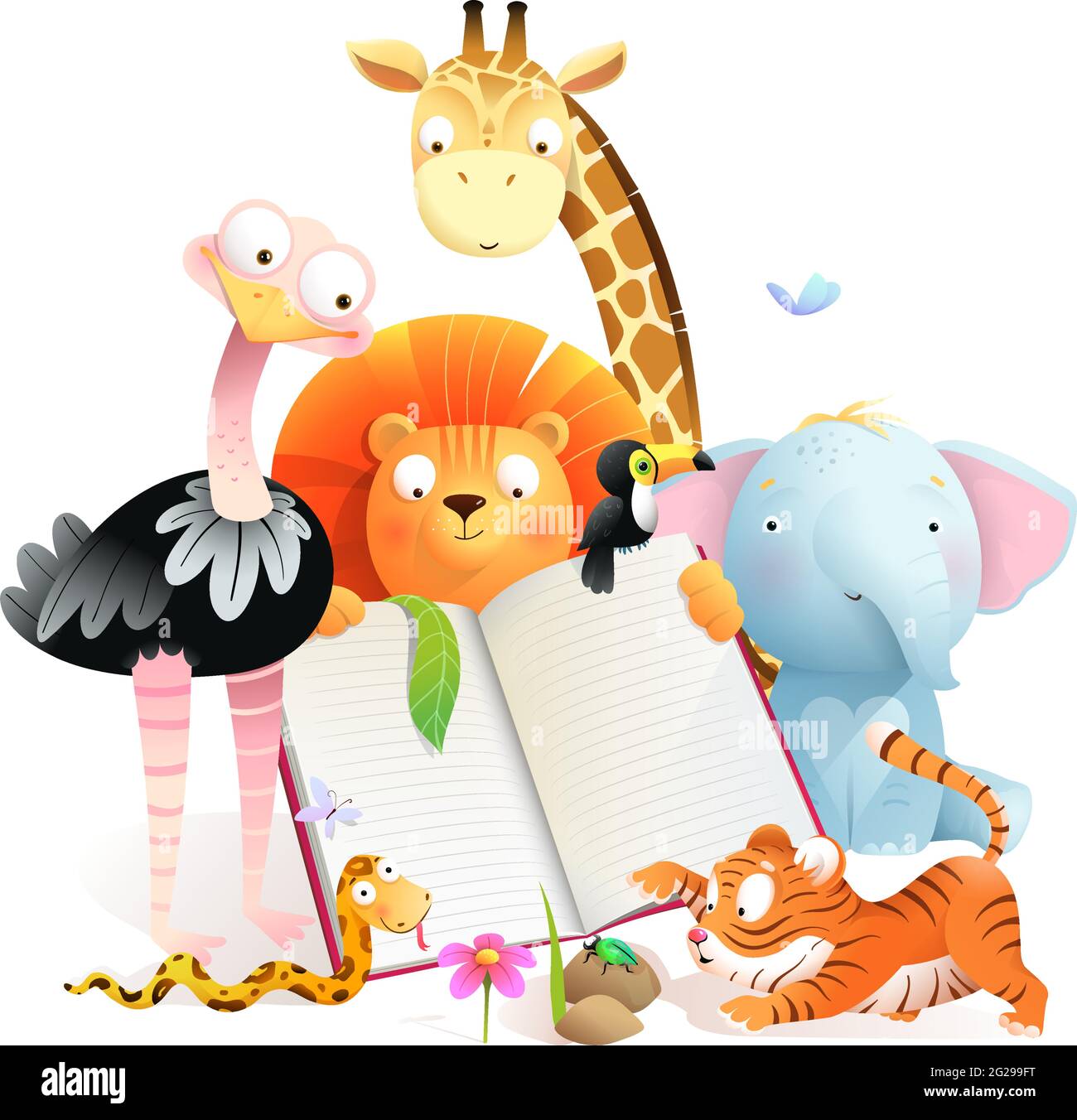 Animales Africanos para Niños Lectura de un Libro Estudiando Ilustración del Vector